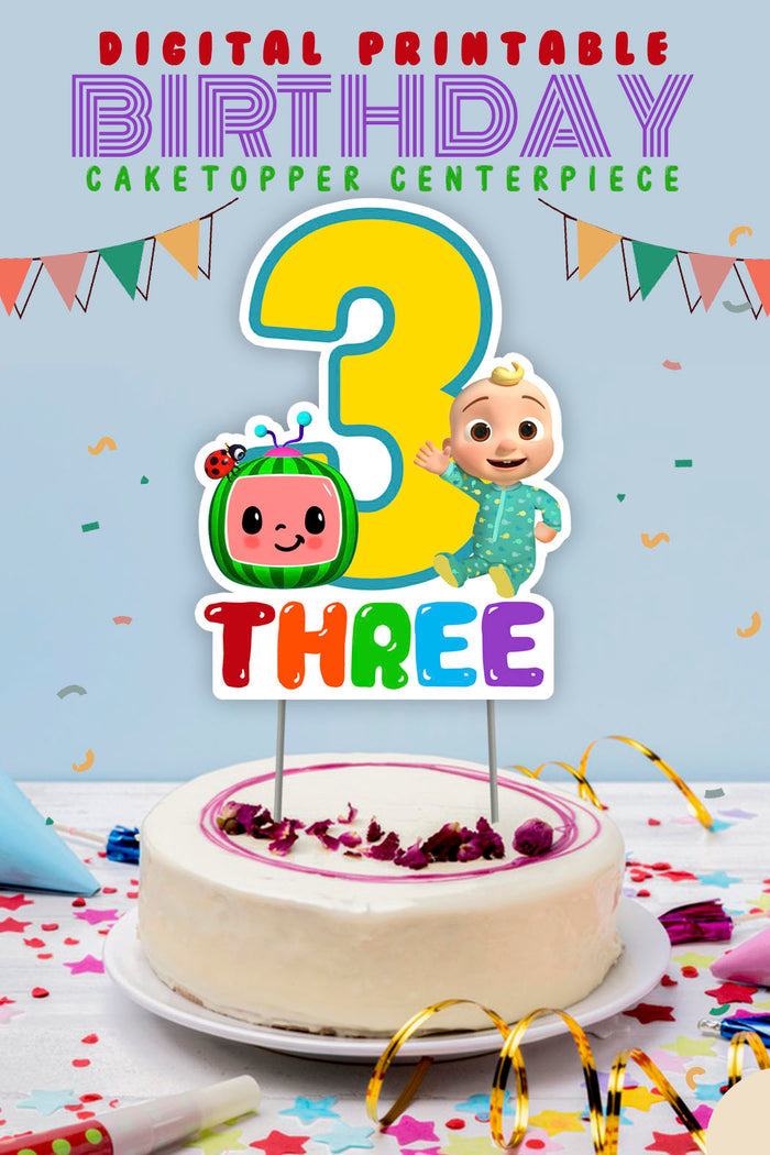 Cocomelon Birthday Party - Digital Printable Cake Centerpiece or Topper for AGE 3 - Jolly Owl Designs