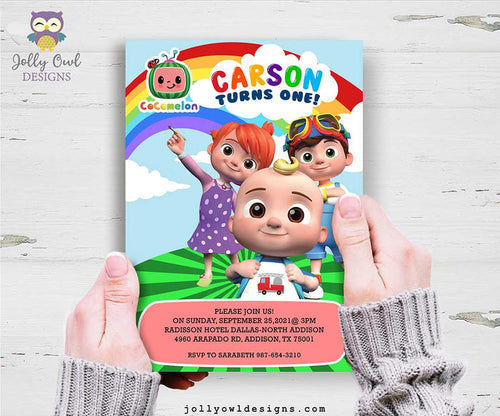 Cocomelon Birthday Party Invitation Card Design - Jolly Owl Designs