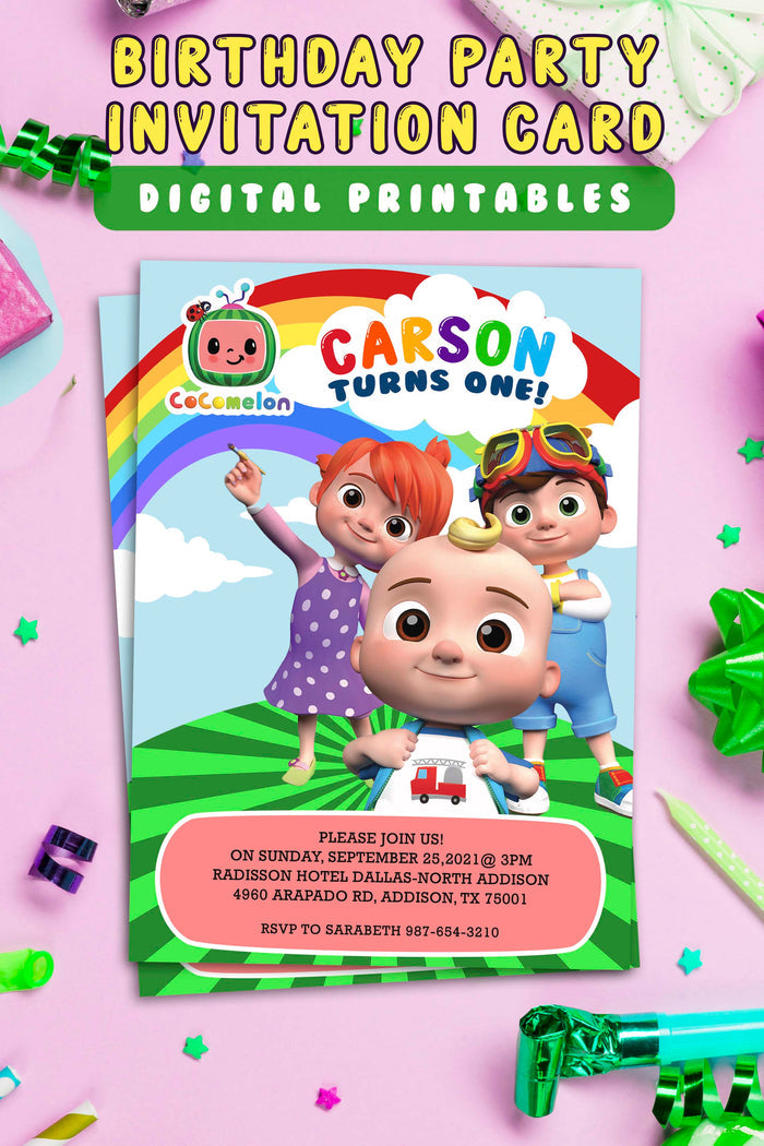 Cocomelon Birthday Party Invitation Card Design - Jolly Owl Designs