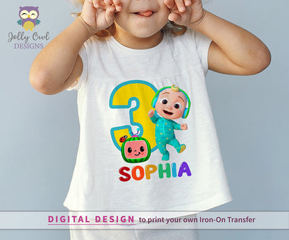 Cocomelon Birthday T-Shirt Design - Digital Design for Iron On Transfer - Personalized For Age Three