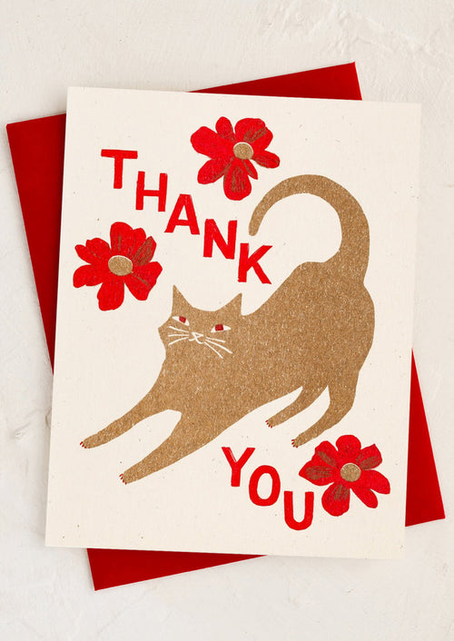 A card with image of cat stretching, text reads "Thank you".