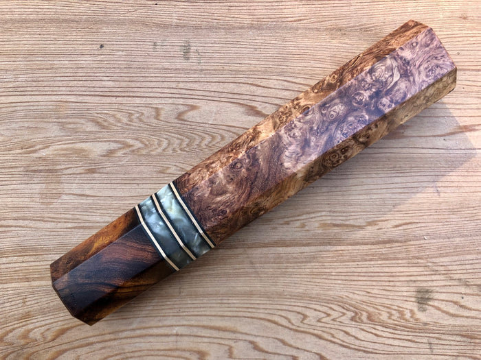 Custom Japanese Knife handle (wa handle)  for 240-270mm - Honduran Rosewood Burl and Desert Ironwood Burl