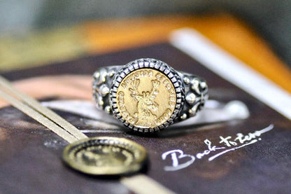 Deer Latin Motto Fleur De Lis Signet Ring - Backtozero B20 - 12f, 12mm, 12mm ring, 925 Silver, accessory, Animal, dedication, Fleur de Lis, him, Intaglio, Intaglio ring, jewelry, latin, latin motto, Message, motivation, ring, seal, seal ring, signet, size 10, size 11, size 8, size 9, wax seal, wax seal stamp, Woodland Animal