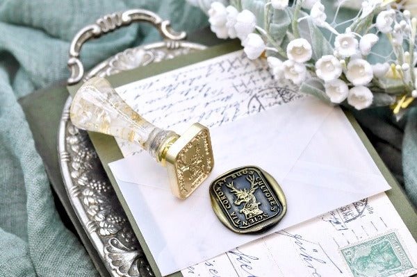 Deer Latin Motto Wax Seal Stamp - Backtozero B20 - antique, dedication, latin, latin motto, Message, motivation, Retro, rounded rectangle, Signature, signaturehandle