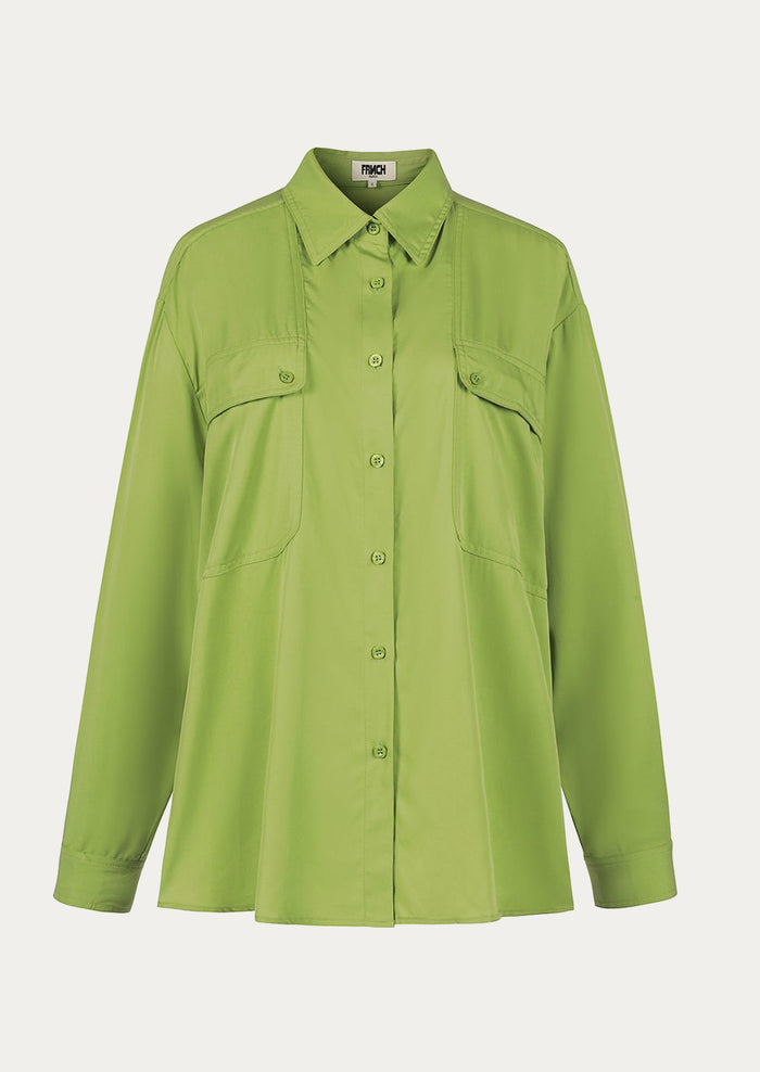 A button front shirt in green with double button flap pocket detail at chest.