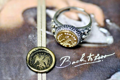 Eagle Latin Motto Fleur De Lis Signet Ring - Backtozero B20 - 12f, 12mm, 12mm ring, 925 Silver, accessory, Bird, Fleur de Lis, focus, him, Intaglio, Intaglio ring, jewelry, latin, latin motto, Message, ring, seal, seal ring, signet, size 10, size 11, size 8, size 9, wax seal, wax seal stamp