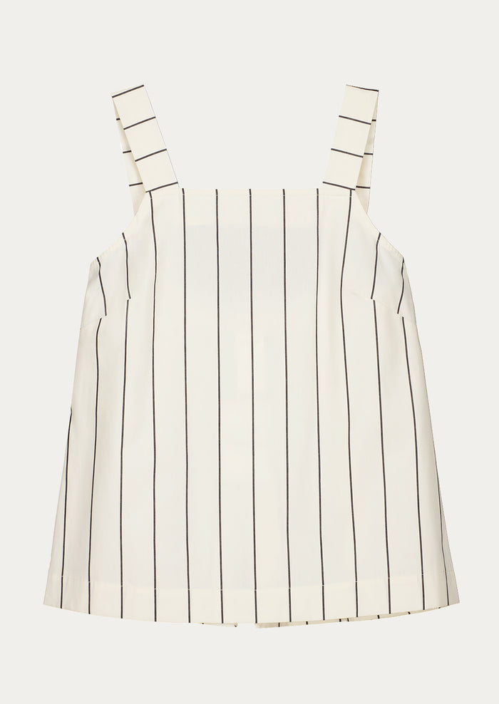A sleeveless top with square neckline, in cream with black pinstripe.