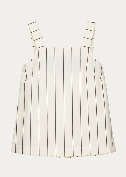 A sleeveless top with square neckline, in cream with black pinstripe.