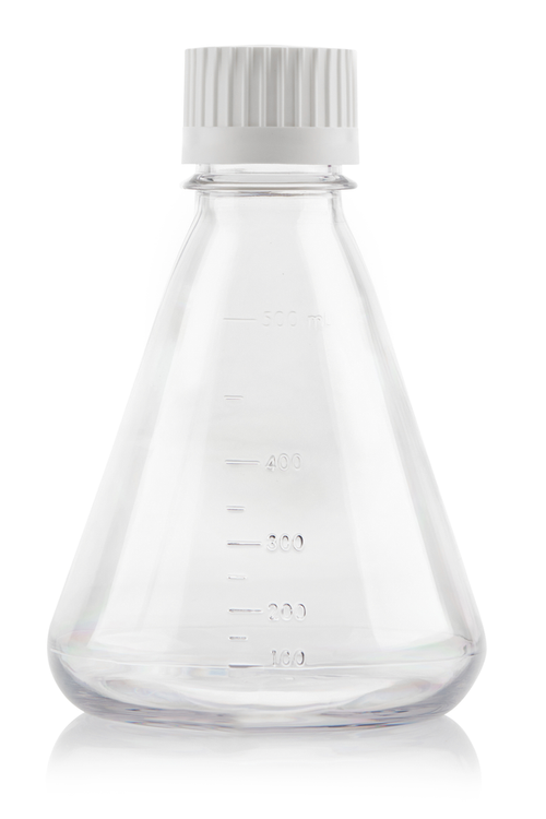 EZBio®pure® 500mL sterile Erlenmeyer Flask with baffle base and VersaCap® 38-430, designed for enhanced mixing and sterile lab performance | img_1 | Foxx Life Sciences Global | shopfls.com