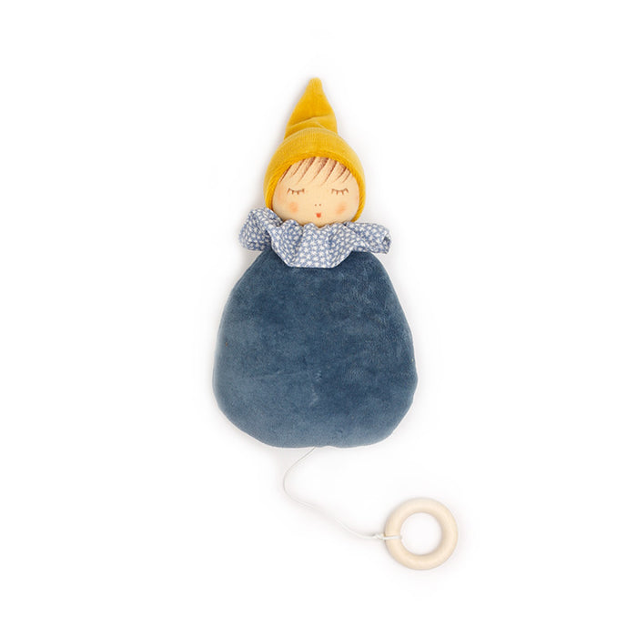 A blue music box doll with a yellow hat and polka dot collar and string attached to a ring at the base, shown on a white background