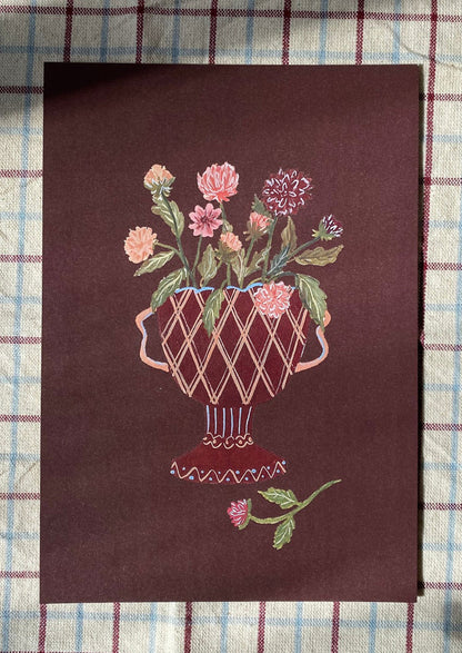 An illustrated art print of vase of dahlias on dark brown background.