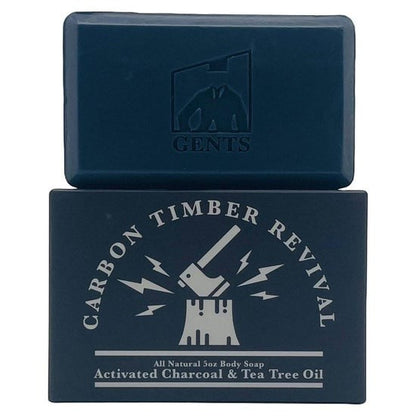 Tea-Shirt Shoppe GENTS Carbon Timber Revival all natural 5 oz body soap with activated charcoal and tea tree oil.