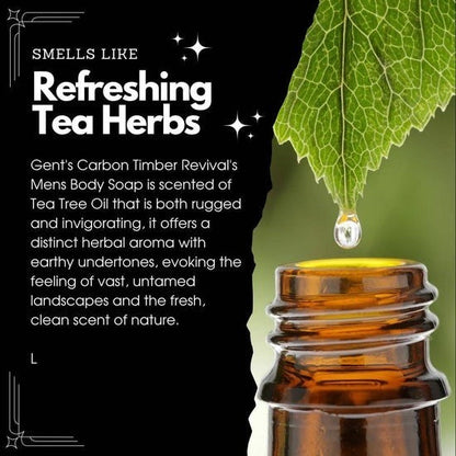 Tea-Shirt Shoppe GENTS Carbo Timber Revival body soap featuring tea tree oil for a rugged, natural herbal scent.