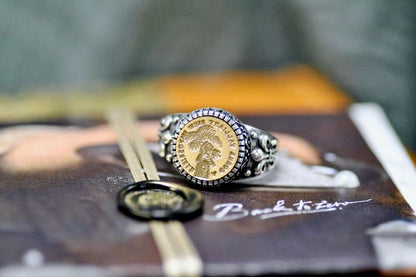 Hand Holding Plant Latin Motto Fleur De Lis Signet Ring - Backtozero B20 - 12f, 12mm, 12mm ring, 925 Silver, accessory, courage, Fleur de Lis, goal, him, Intaglio, Intaglio ring, jewelry, latin, latin motto, Message, possible, ring, seal, seal ring, signet, size 10, size 11, size 8, size 9, wax seal, wax seal stamp