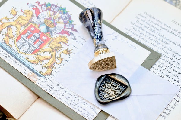 Heraldic Pattern Shield Wax Seal Stamp | Fleur de Lis - Backtozero B20 - Heraldic, heraldry, pattern, shield, Signature, signaturehandle