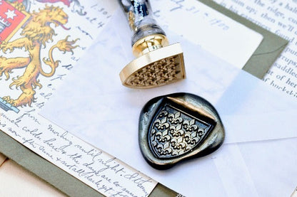 Heraldic Pattern Shield Wax Seal Stamp | Fleur de Lis - Backtozero B20 - Heraldic, heraldry, pattern, shield, Signature, signaturehandle