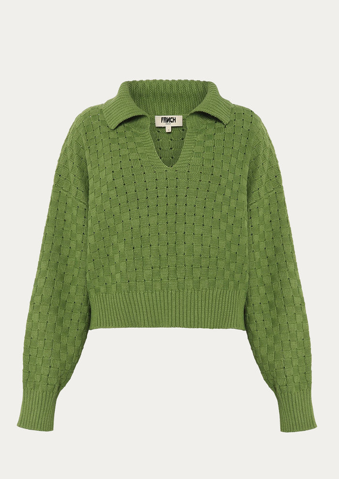 A collared v-neck sweater with woven texture in moss green.