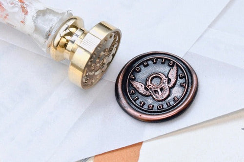 Lock with Wings Latin Motto Wax Seal Stamp | S - Backtozero B20 - antique, faith, faithful, latin, latin motto, loyalty, Message, Retro, Signature, signaturehandle, trust