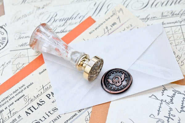 Lock with Wings Latin Motto Wax Seal Stamp | S - Backtozero B20 - antique, faith, faithful, latin, latin motto, loyalty, Message, Retro, Signature, signaturehandle, trust
