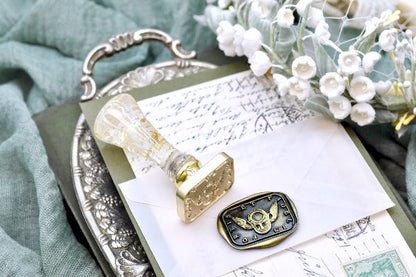 Lock with Wings Latin Motto Wax Seal Stamp - Backtozero B20 - antique, faith, faithful, latin, latin motto, loyalty, Message, Retro, rounded rectangle, Signature, signaturehandle, trust