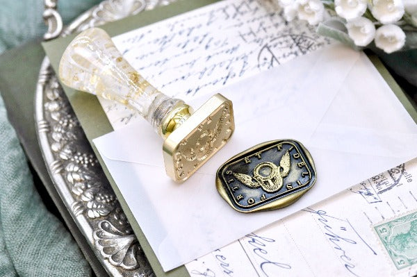Lock with Wings Latin Motto Wax Seal Stamp - Backtozero B20 - antique, faith, faithful, latin, latin motto, loyalty, Message, Retro, rounded rectangle, Signature, signaturehandle, trust