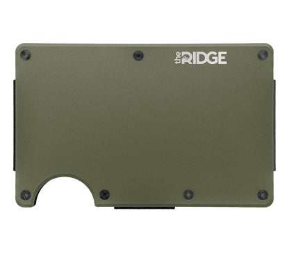 Ridge Matte Olive aluminum minimalist wallet, front view with cards fanned from the injector