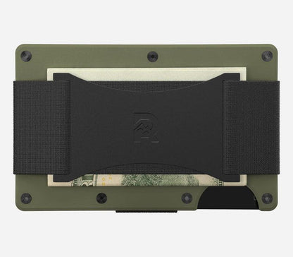 Back view of the Matte Olive Ridge aluminum wallet showing the elastic cash strap