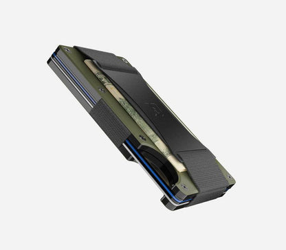 Side angle view of the Matte Olive Ridge aluminum wallet and slim card stack