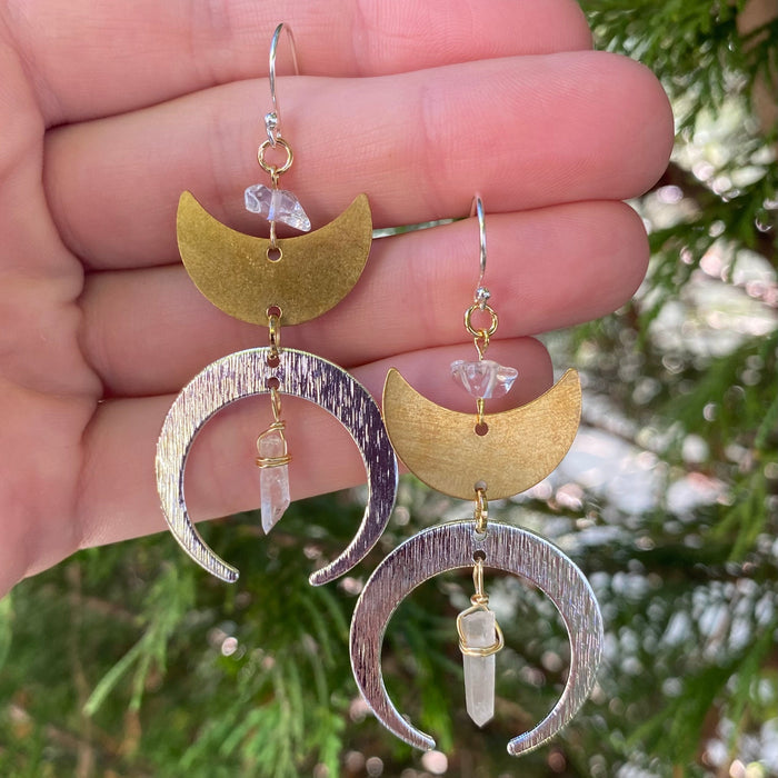 Mixed Metal Moon and Quartz Earrings - Artisan Made