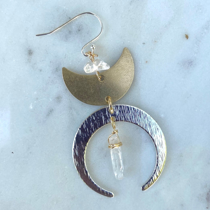 Mixed Metal Moon and Quartz Earrings - Artisan Made