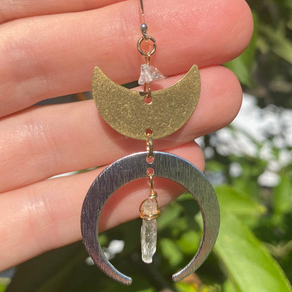Mixed Metal Moon and Quartz Earrings - Artisan Made