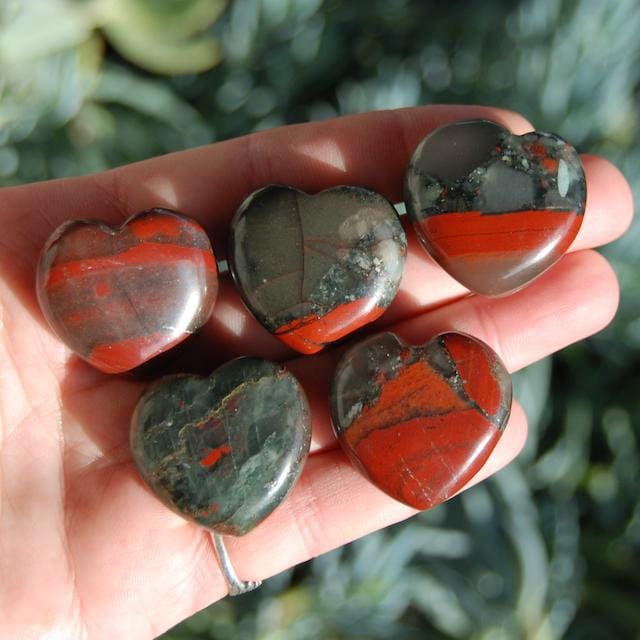 ONE 1" African Bloodstone Crystal Heart Shaped Palm Stone, Courage, Strength & Vitality Crystal