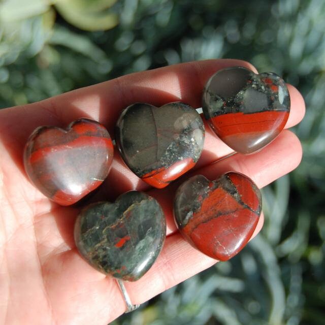 ONE 1" African Bloodstone Crystal Heart Shaped Palm Stone, Courage, Strength & Vitality Crystal