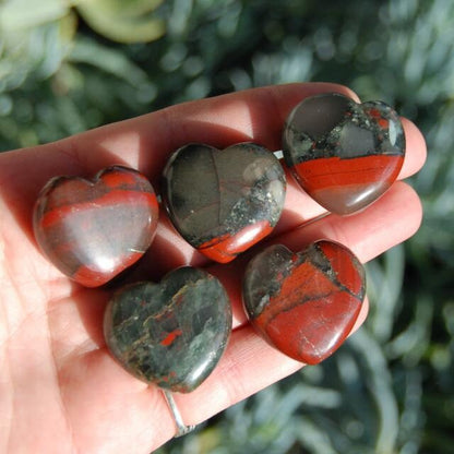 ONE 1" African Bloodstone Crystal Heart Shaped Palm Stone, Courage, Strength & Vitality Crystal