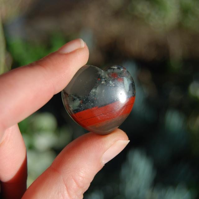 ONE 1" African Bloodstone Crystal Heart Shaped Palm Stone, Courage, Strength & Vitality Crystal