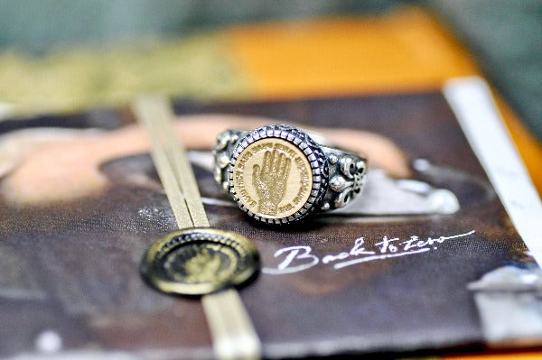 Palm of Hand Latin Motto Fleur De Lis Signet Ring - Backtozero B20 - 12f, 12mm, 12mm ring, 925 Silver, accessory, destiny, Fleur de Lis, fortune, him, Intaglio, Intaglio ring, jewelry, latin, latin motto, Message, ring, seal, seal ring, signet, size 10, size 11, size 8, size 9, wax seal, wax seal stamp