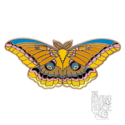 A small hard enamel pin of the colorful polyphemus moth.