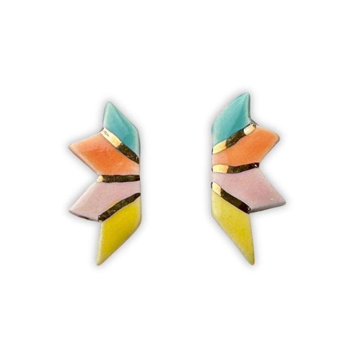 Crown & Heart zz.Prismatic Fan Ceramic Stud Earrings featuring colorful fan-shaped ceramic design on silver posts.