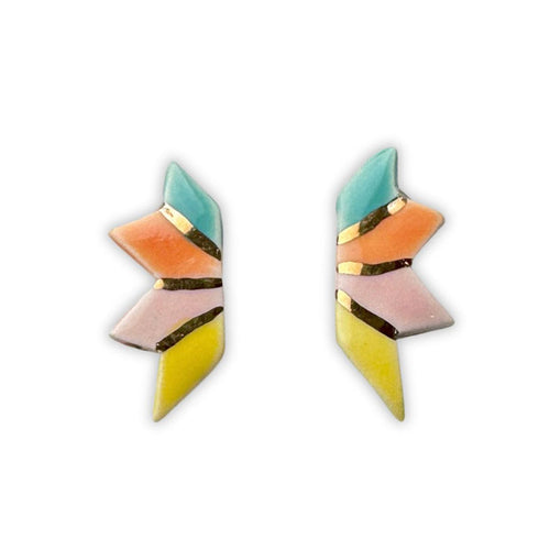 Crown & Heart zz.Prismatic Fan Ceramic Stud Earrings featuring colorful fan-shaped ceramic design on silver posts.