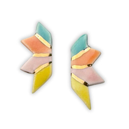 Crown & Heart zz.Prismatic Fan Ceramic Stud Earrings featuring colorful fan-shaped ceramic design on gold-tone studs.