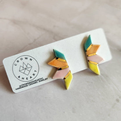 Crown & Heart zz.Prismatic Fan Ceramic Stud Earrings with colorful fan-shaped design on sterling silver posts