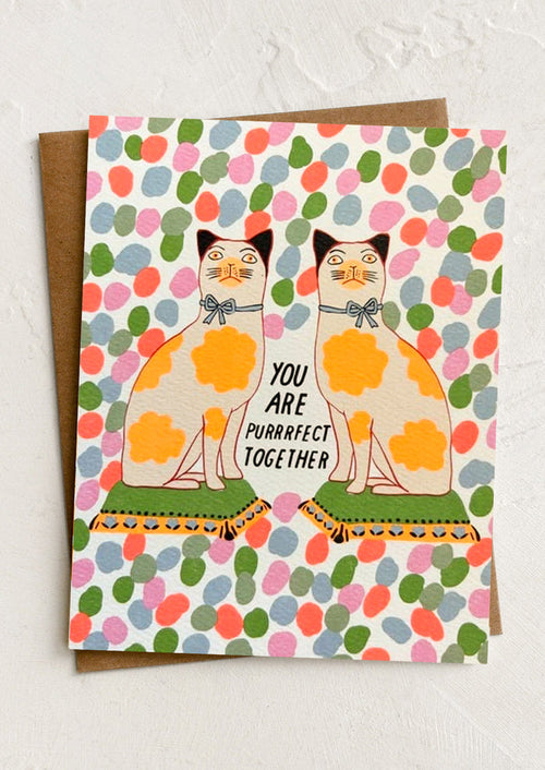 Card with two cats and text 'You are purrfect together' on a polka dot background