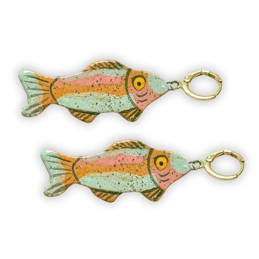 Colorful rainbow trout ceramic statement earrings by Crown & Heart, featuring vibrant handmade fish-shaped jewelry.