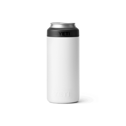 Back view of the white YETI Colster Slim can cooler showing the stainless steel body