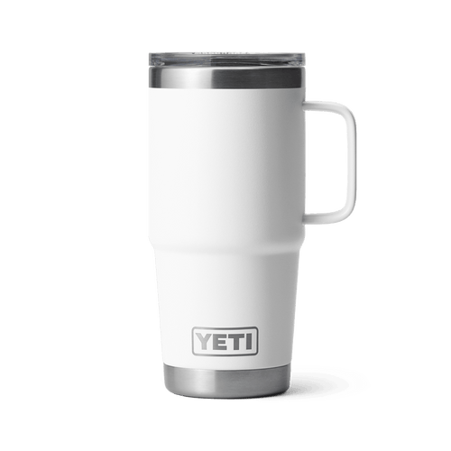 YETI Rambler 20 oz travel mug in white, front view with Stronghold lid and handle