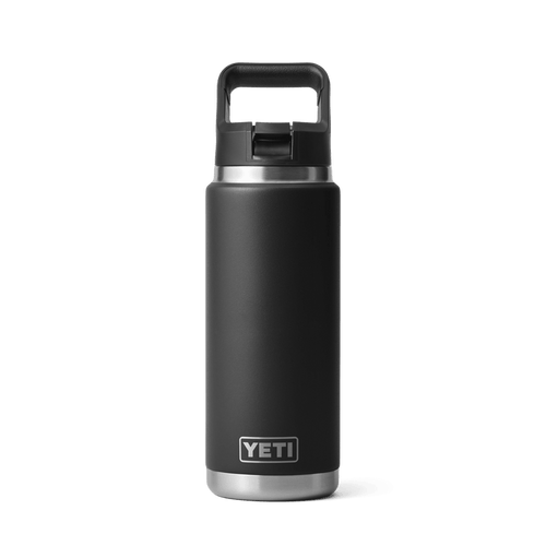 YETI Rambler 26 oz insulated water bottle in black with Straw Cap, front view