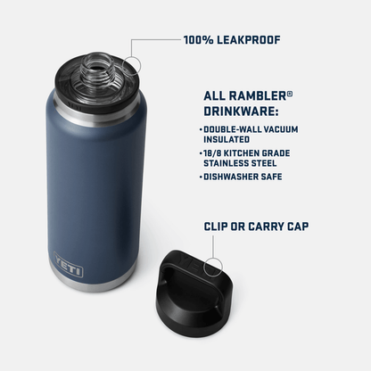 Specifications panel for the black YETI Rambler 36 oz bottle listing size and capacity