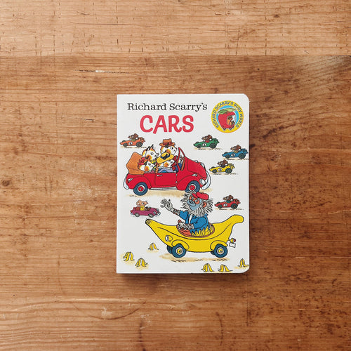 Cover of Richard Scarry's Cars board book featuring illustrated animal characters driving a red car and a yellow banana mobile, with colorful racing cars scattered across a white background