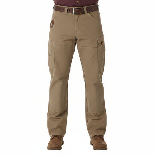 Wrangler Ripstop Ranger cargo work pant in bark brown, main view with cargo pockets