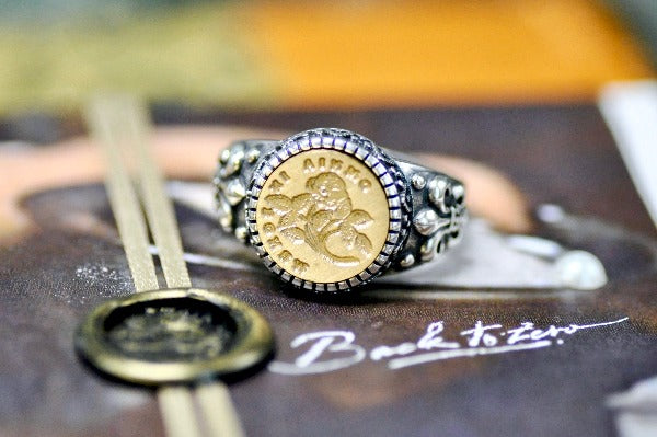 Rose Latin Motto Fleur De Lis Signet Ring - Backtozero B20 - 12f, 12mm, 12mm ring, 925 Silver, accessory, Fleur de Lis, Flower, him, Intaglio, Intaglio ring, jewelry, latin, latin motto, life, Message, positivity, ring, seal, seal ring, signet, size 10, size 11, size 8, size 9, wax seal, wax seal stamp